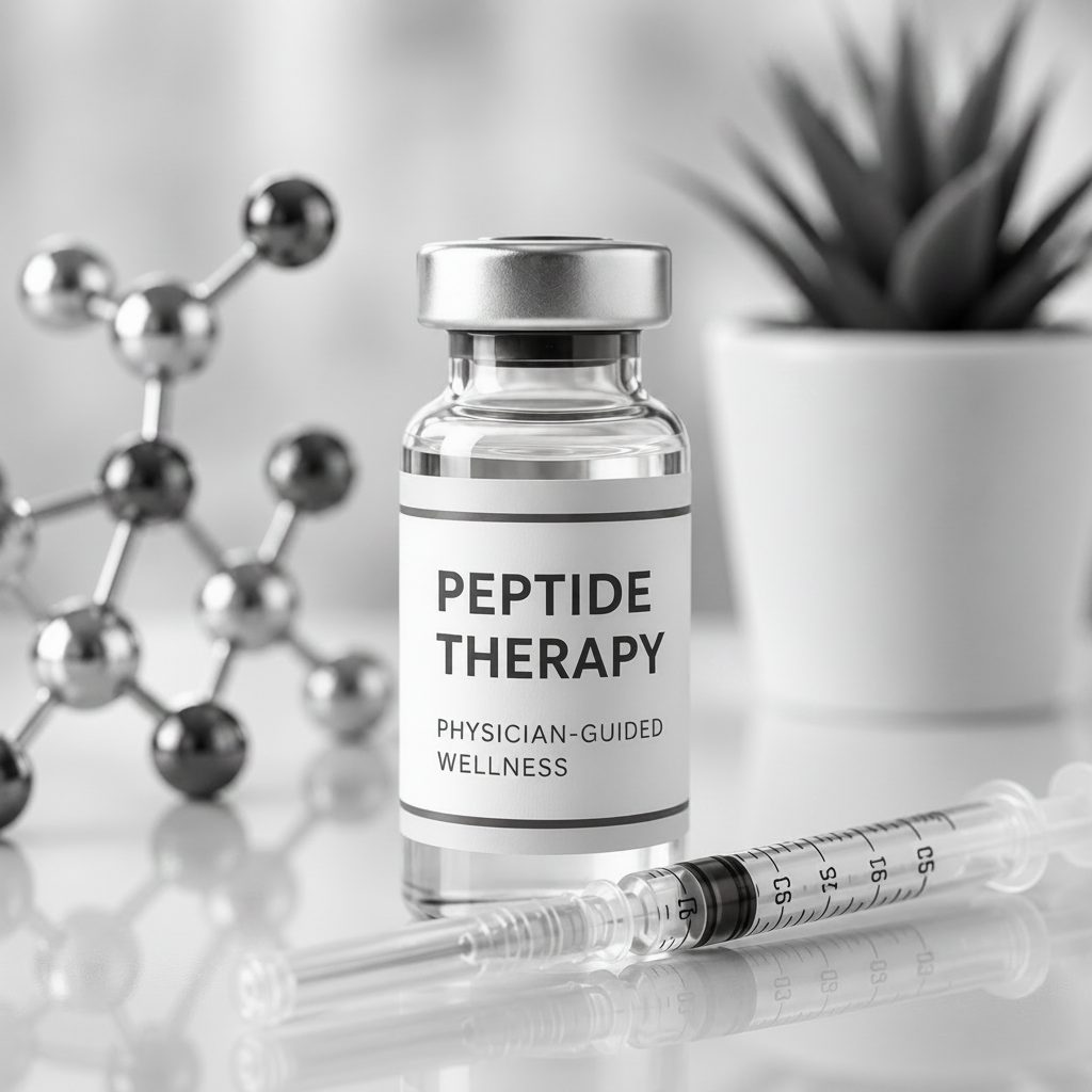 Vial labeled 'Peptide Therapy' with a syringe and molecular model on a reflective surface.